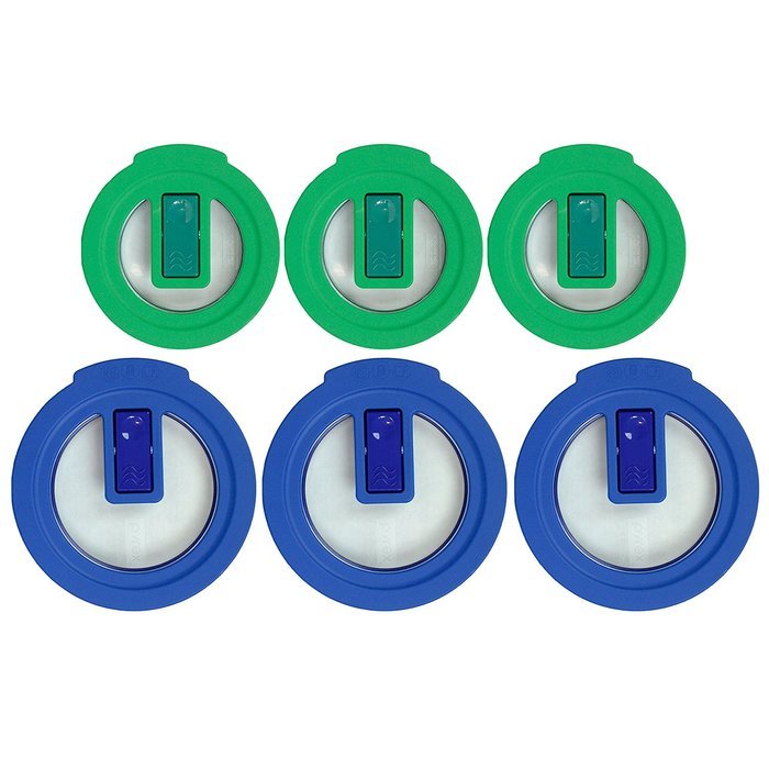 (3) Pyrex 7200 Blue 2 Cup and (3) Pyrex 7202 Green 1 Cup Round No Leak Lids for Glass Bowls