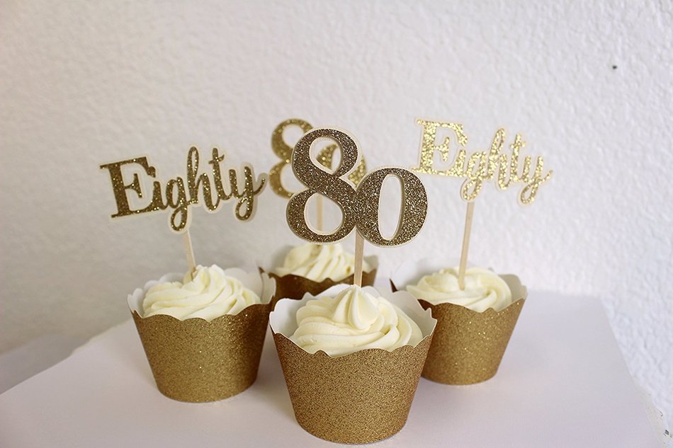 All About Details Gold Eighty Cupcake Toppers, Set of 12 N2