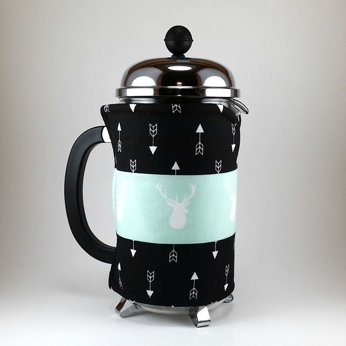 French Press Cozy, Cafetiere Cosy, Deer Decor, Black and Mint Green