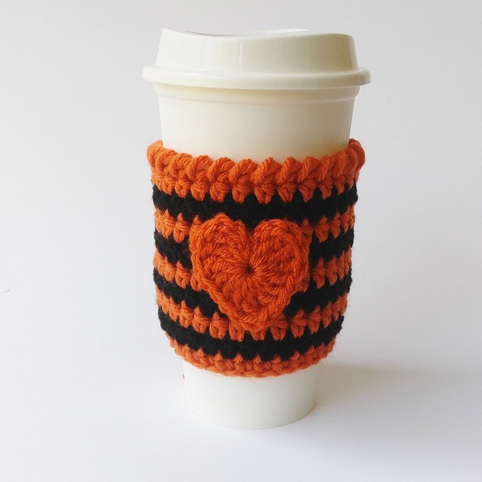 Coffee Cozy Orange and Black Stripe with Heart Applique