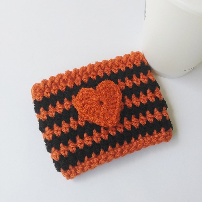 Coffee Cozy Orange and Black Stripe with Heart Applique N2