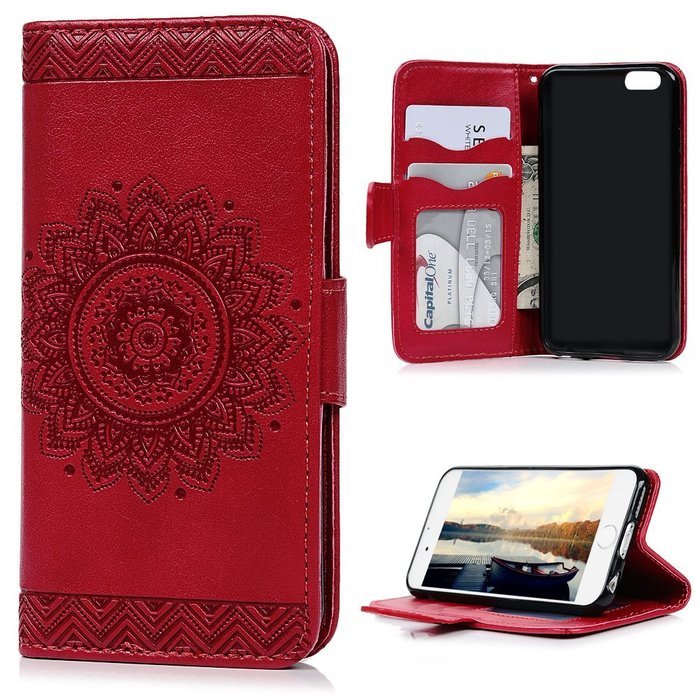 iPhone 6S Plus Case,iPhone 6 Plus Case (4.7") - Wallet Embossed Totem Flower Design Folio PU Leather with Stand... N26