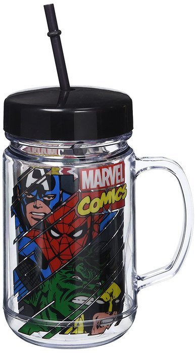 Silver Buffalo MV3309 Marvel Heroes Slashed BPA-Free Plastic Mason Jar with Straw and Twist-Off Lid, 24 oz., Clear