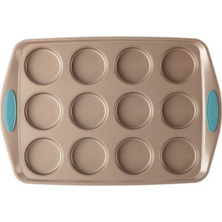 Rachael Ray Cucina Nonstick Bakeware 12-Cup Muffin/Cupcake Pan, Latte Brown, Agave Blue Handle Grips N3