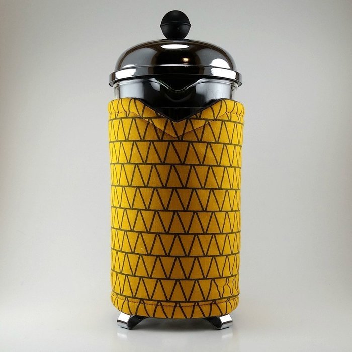 Yellow Gray Triangles, French Press Cozy, 8 cup Cafetiere Cosy, Insulated Coffee Wrap, Coffee Accessory N3