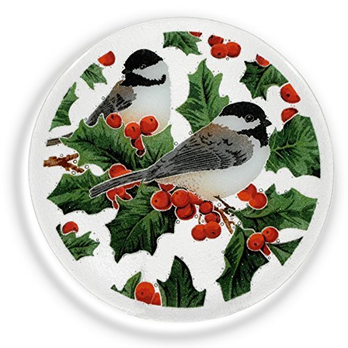 Peggy Karr Glass Handcrafted Art Glass Chickadee and Holly Round Plate, 11", Multicolor