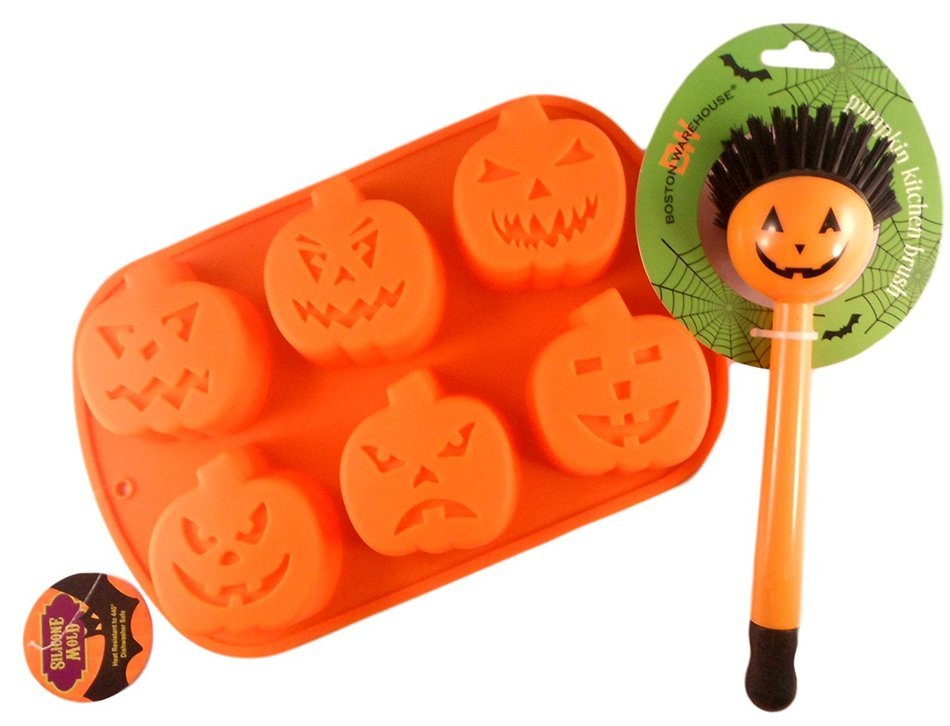 Orange Pumpkin Silicone Mold Bundle - 2 Items: Pumpkin Muffin Pan & Jack O Lantern Kitchen Scrub Brush