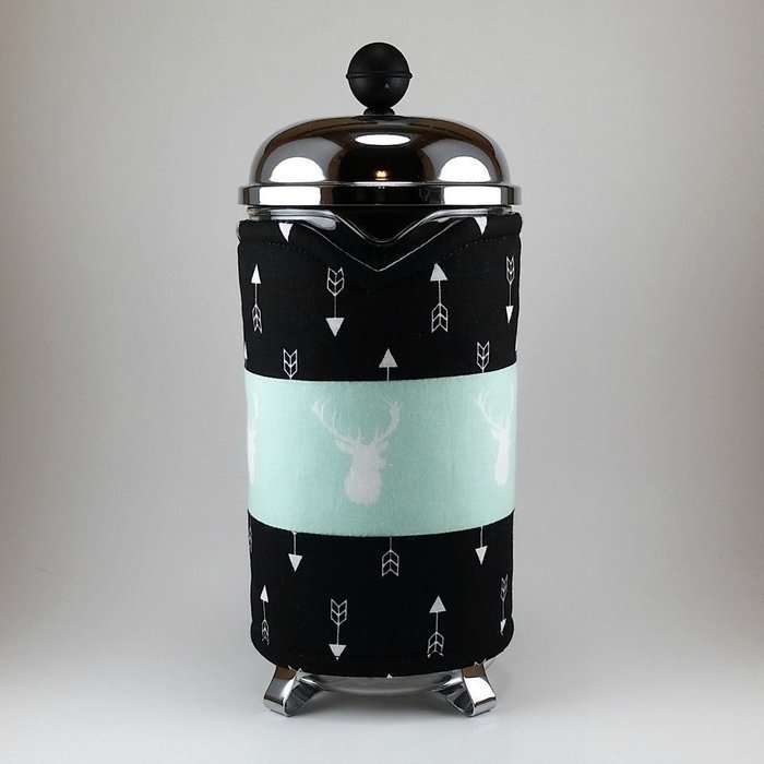 French Press Cozy, Cafetiere Cosy, Deer Decor, Black and Mint Green N4