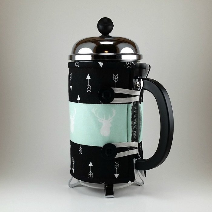 French Press Cozy, Cafetiere Cosy, Deer Decor, Black and Mint Green N5