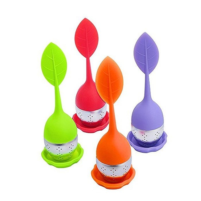 SIO 4pcs Silicone Tea Infuser Teaspoon Infuser Stainless Steel Tea Strainer Filter with Drip Tray N5