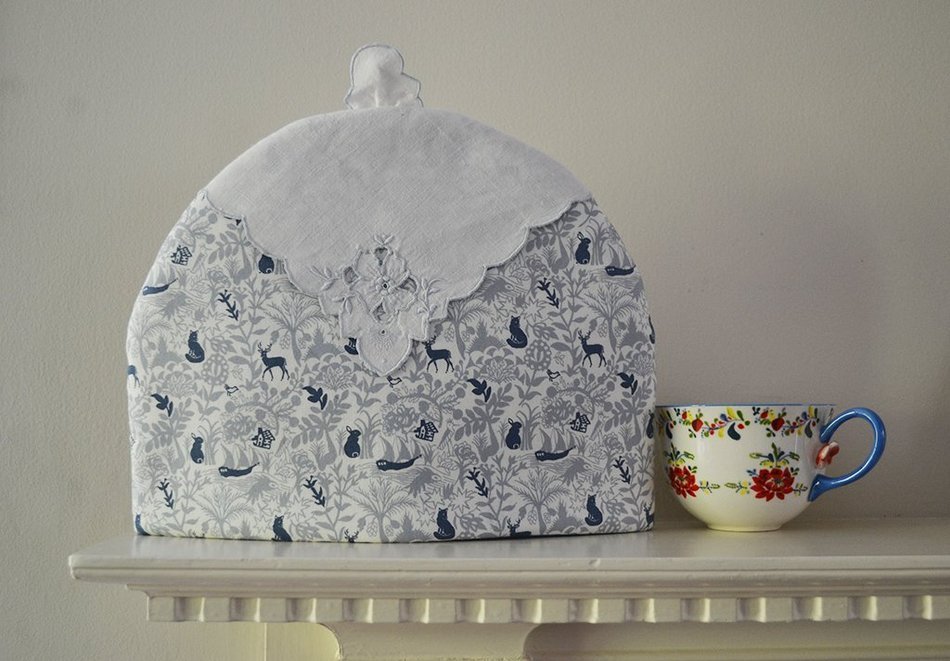 Large Up-cycled Insulated Artisanal Tea Cozy - Vintage Hand Embroidery - One of a Kind - White Blue and Gray N4