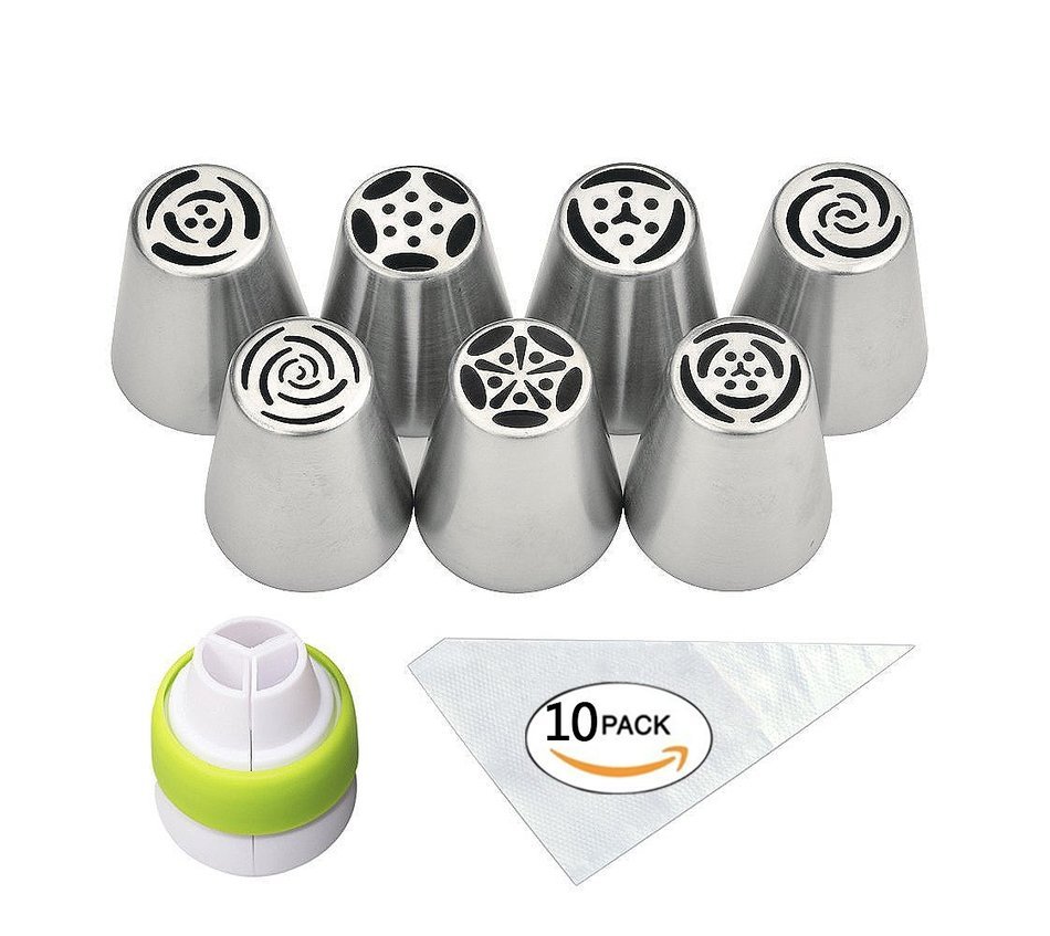 Mysweety Russian Piping Tips, 18PCS Icing Decorating Tips Set(7 Russian Tips 10 Disposable Pastry Bags 1 Tri-Color... N5