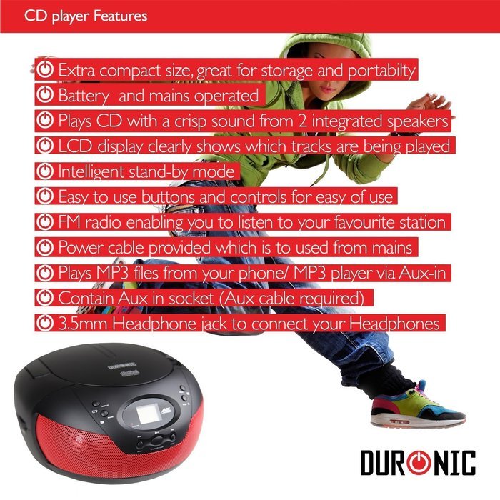 Duronic RCD008/RD Portable Compact Boombox CD Player with FM Radio -Red