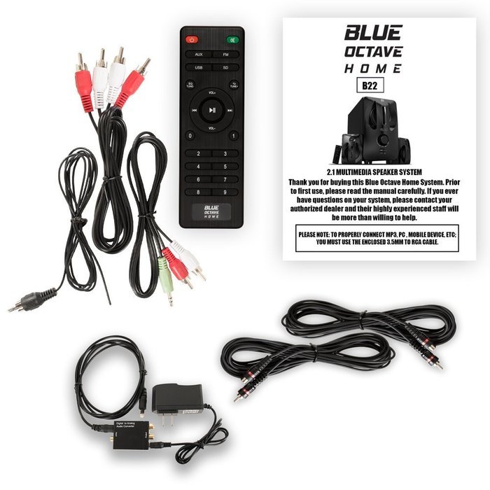 Blue Octave B22 Home 2.1 Powered FM Speaker System with Optical Input and 2 Extension Cables