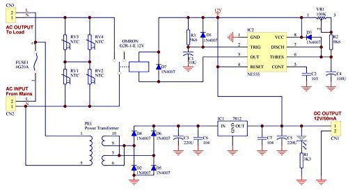 Electronics-Salon 115Vac Mains Power ON Delay Soft-start Protection Module, with 12 Vdc Regulator.