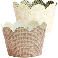 Rustic Burlap Cupcake Wrappers, Pink and Gold Lace, Confetti Couture Party Supplies, 36 Wraps N3