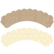 Rustic Burlap Cupcake Wrappers, Pink and Gold Lace, Confetti Couture Party Supplies, 36 Wraps N6