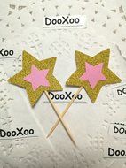DOOXOO Gold and Pink Glitter Star Cupcake Toppers, Party Decor, New Years Eve, Wedding, Double-Sided, Set of 12 N6