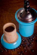 Premium Blue Wood and Metal Manual Coffee Bean Grinder with Screw-In Grounds Container