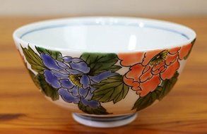 Kutani Pottery Rice Bowl Red &amp; Blue Peony BI-12 From Japan N3