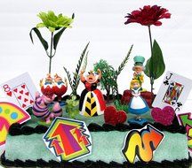 Alice in Wonderland Birthday Cake Topper Set Featuring 5 Alice in Wonderland Figures and Decorative Themed Accessories N6
