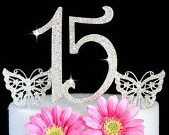 Sweet 15 Quinceanera Numbers Silver Bling Cake topper in Rhinestones + butterfly Cake picks