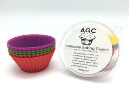 AGCware Silicone Baking Cups / Cupcake Liners &ndash; 12 Colourful Muffin Molds in Storage Container N3