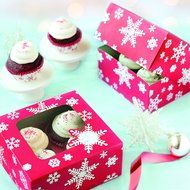 Sweet Creations 4-Cavity Snowflake Christmas Holiday Cupcake Boxes, Red