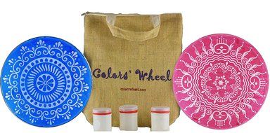 Diwali Rangoli Floor Art Stencil Kit with Two 12&quot; stencils and Three colors with dispensers in a Jute Bag N3