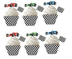 Item#138- 12pk Checkered Flag Picks and RAce Car Cupcake Decoration Topper Picks with 12 Baking Cup Decoration...