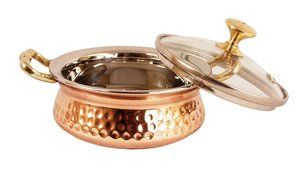 BLUE NIGHT Handmade Steel Copper Casserole With Glass Lid 400 ML - Serving Indian Food Home Hotel Restaurant Tableware... N2