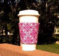 Fabric coffee cozy / cup sleeve / coffee sleeve / coffee cup holder -- Fuchsia Damask N2