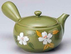 Yamakikai Tokoname pottery Green Kyusu(Japanese teapot) with white flowers with a strainer 520cc GL1837 from Japan N2