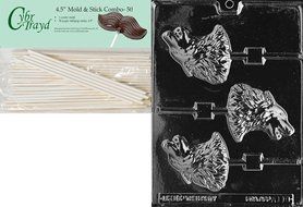 Cybrtrayd 45St50-A110 Wolf Lolly Animal Chocolate Candy Mold with 50 4.5-Inch Lollipop Sticks