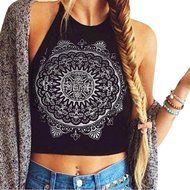 PHOTNO Womens Mandala Print Sleeveless Halterneck Tank Crop Tops Vest Blouse T-Shirt N2