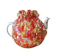 Teapot Cozy, tea warmer with Yellow birds and Orange, Red paisley on white for a 5-8 cup teapot #315 N3