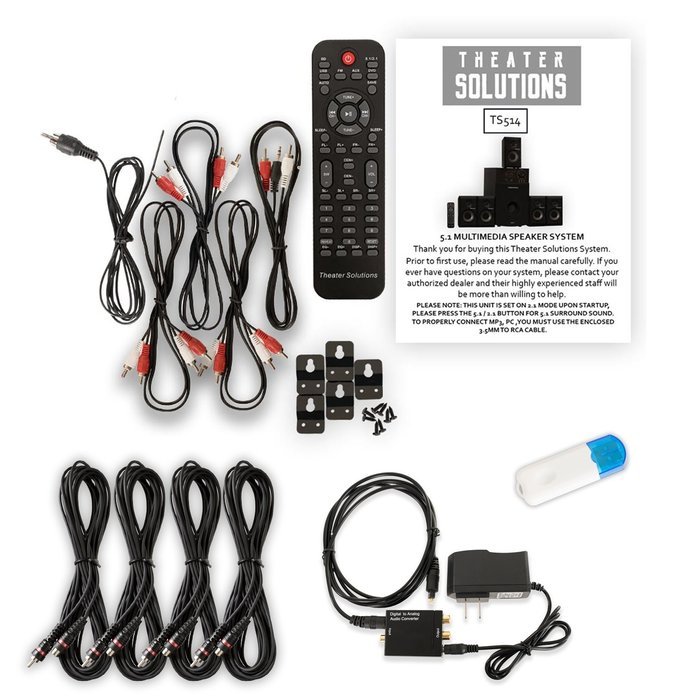 Theater Solutions TS514 Home 5.1 Speaker System with USB Bluetooth Optical Input and 4 Extension Cables