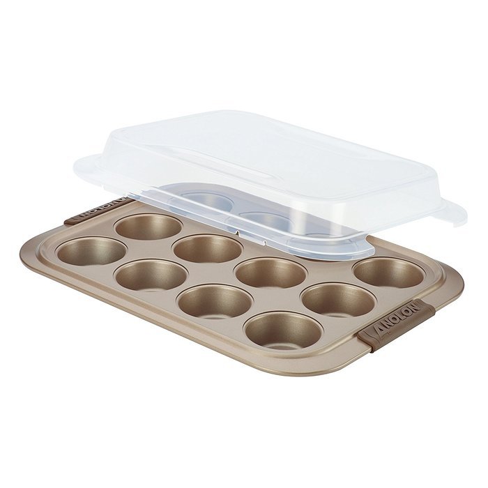 Anolon 12 Cup Advanced Bronze Nonstick Bakeware Muffin Pan with Silicone Grips, Brown