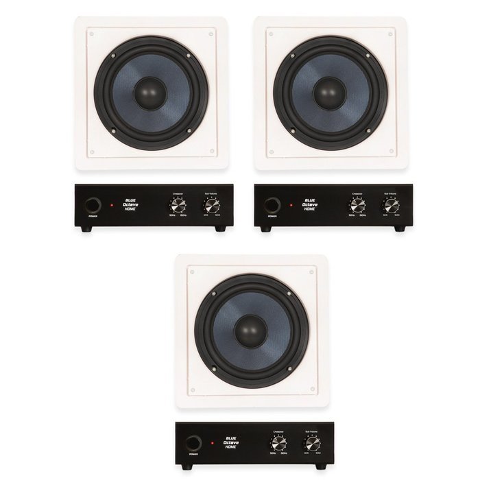 Blue Octave BDW8 In Wall 8" Passive Subwoofer Speakers Home Theater 3 Sub and 3 Amp Set