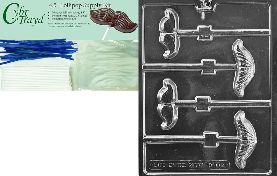 Cybrtrayd "Mustache Assortment Lolly" Dads Chocolate Candy Mold with Lollipop Supply Bundle, Includes 50 Lollipop... N3