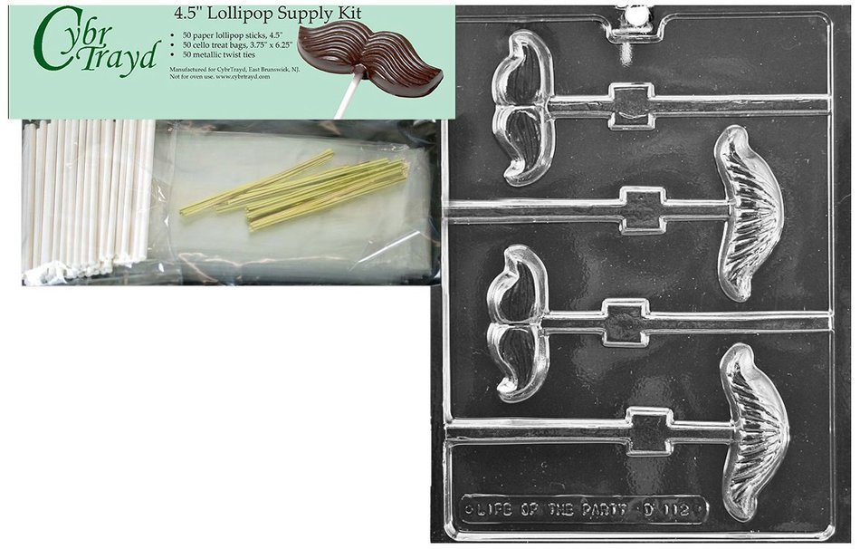 Cybrtrayd "Mustache Assortment Lolly" Dads Chocolate Candy Mold with Lollipop Supply Bundle, Includes 50 Lollipop... N5