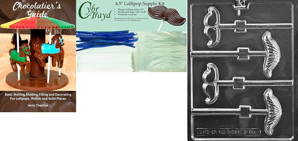 Cybrtrayd "Mustache Assortment Lolly" Dads Chocolate Candy Mold with Lollipop Supply Bundle, Includes 50 Lollipop... N6
