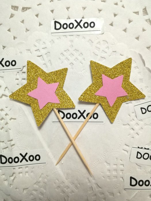 DOOXOO Gold and Pink Glitter Star Cupcake Toppers, Party Decor, New Years Eve, Wedding, Double-Sided, Set of 12 N6