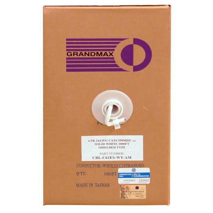Grandmax CAT6 550MHz Shielded Solid Bulk Cable, 1000ft, STP Pull Box, CMR Rated, 100% Pure Copper, Multiple Colors... N2