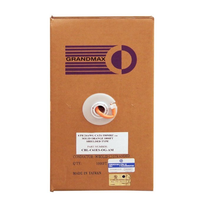 Grandmax CAT6 550MHz Shielded Solid Bulk Cable, 1000ft, STP Pull Box, CMR Rated, 100% Pure Copper, Multiple Colors... N6