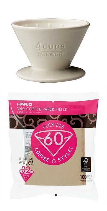 Porcelain Kinto 4 Cup Brewer with 100 Hario Paper Filters - Brewer and Filter Set N3