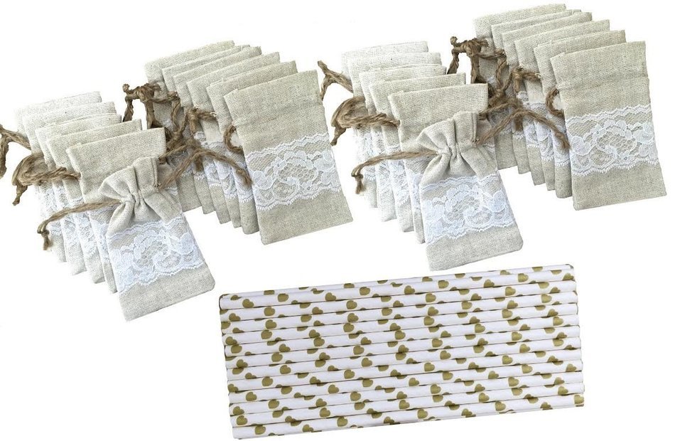 Outside the Box Papers Lace and Linen Drawstring Bags- 3 x 4 -24 Pack Natural with 25 Bonus Paper Straws