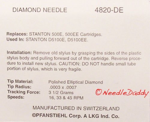 TURNTABLE STYLUS FOR STANTON 500 500E RECORD PLAYER NEEDLE RS500DJ 4820-DE N4