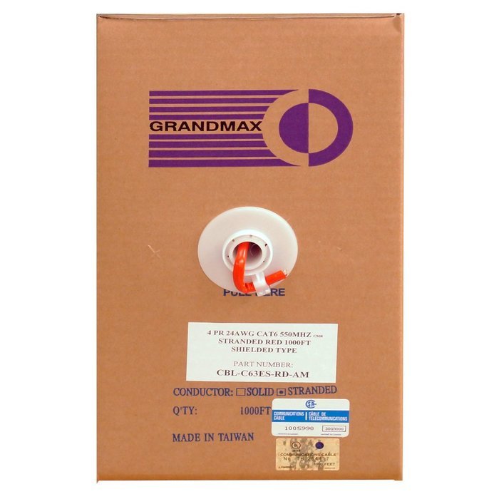 Grandmax CAT6 550MHz Shielded Solid Bulk Cable, 1000ft, STP Pull Box, CMR Rated, 100% Pure Copper, Multiple Colors... N8
