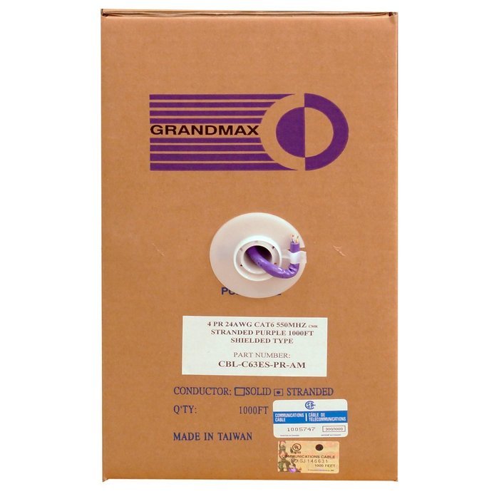 Grandmax CAT6 550MHz Shielded Solid Bulk Cable, 1000ft, STP Pull Box, CMR Rated, 100% Pure Copper, Multiple Colors... N10